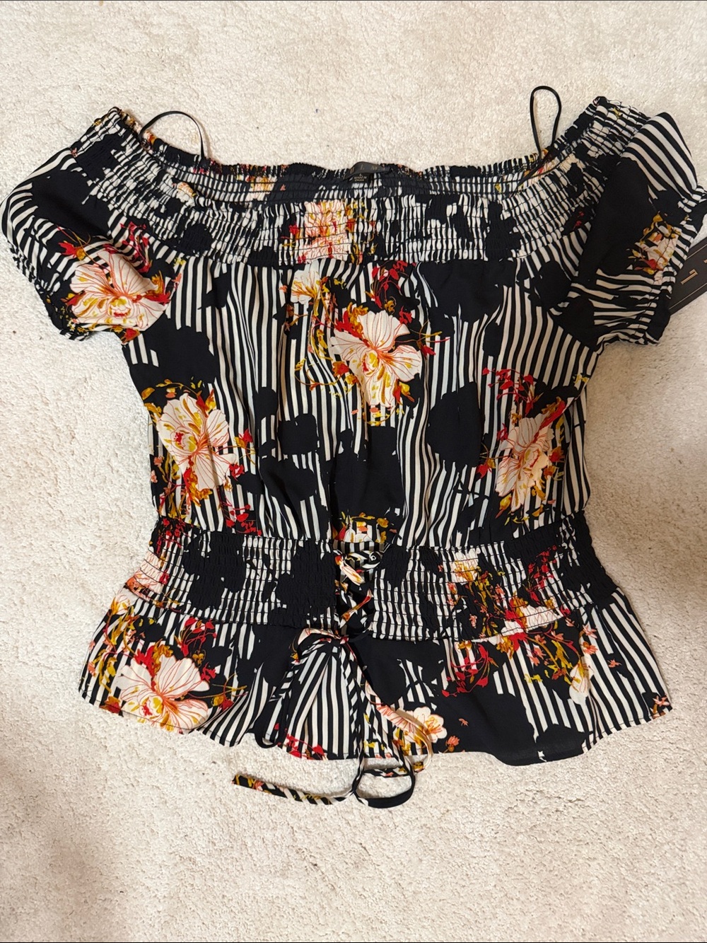 Black Floral Off-Shoulder Smocked Waist Blouse